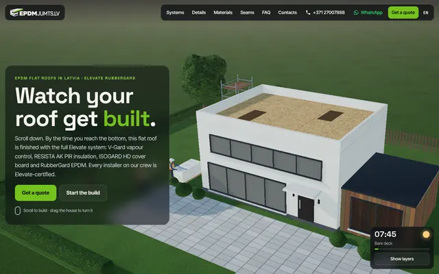 epdmjumts.lv homepage with a 3D house and EPDM roof